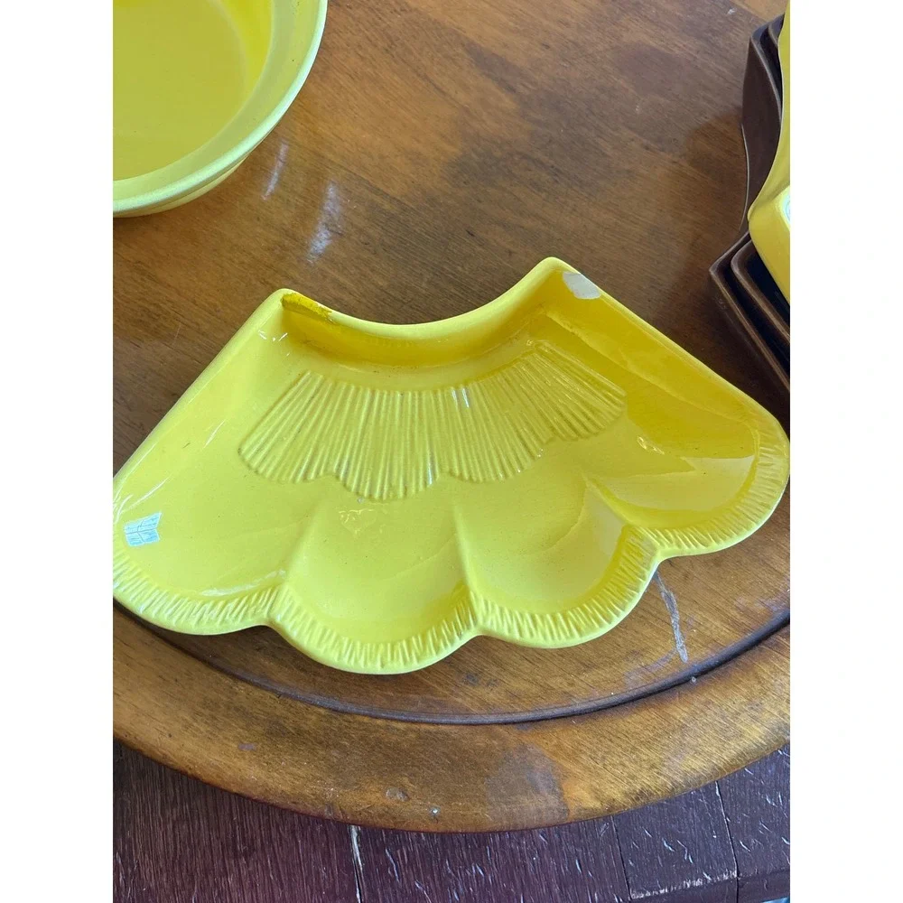 Vintage California USA L69 Lazy Susan Set Yellow Brown Scalloped Pottery 6pc 19